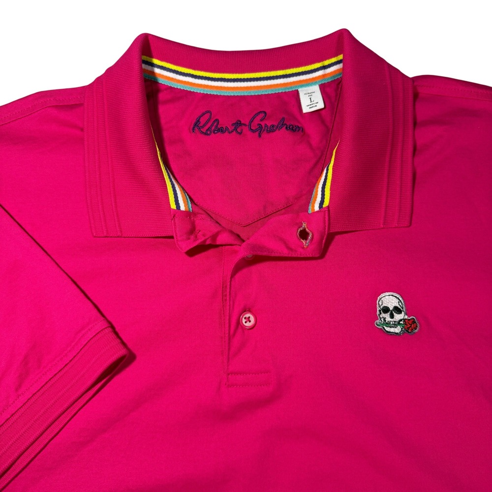 Robert Graham Mens Pink‎ Skull Rose Patch Polo Shirt Short Sleeve Size L Magenta